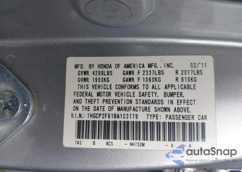 2011 Honda Accord 2.4 Se from USA, damaged, VIN 1HGCP2F61BA103779